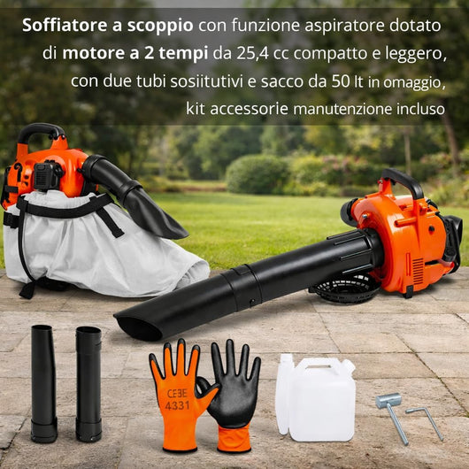 Soffiatore a Scoppio 2 Tempi 25,4 cc, con funzione Aspiratore, Compatto e Leggero, Doppio Tubo Incluso, Sacco Raccolta 50L Omaggio, Kit Accessori e Manutenzione, Ideale per Foglie e Giardino.