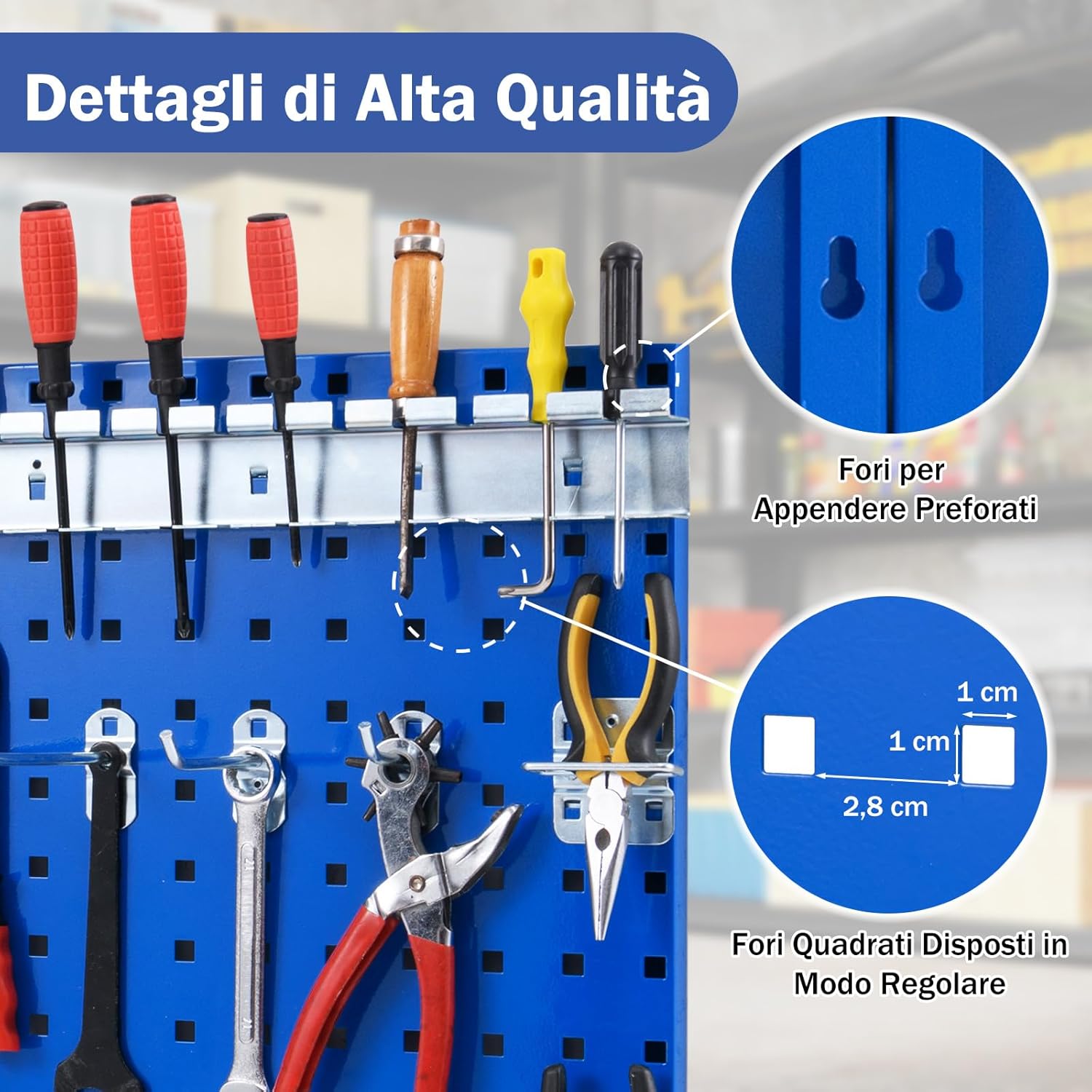 Kit 3 Pannelli Porta Attrezzi da Parete 60 x 40 cm, Pannello Forato Portaoggetti con 24 Ganci e Supporti, Pannello Portautensili per Officina e Garage (Blu)