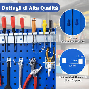 Kit 3 Pannelli Porta Attrezzi da Parete 60 x 40 cm, Pannello Forato Portaoggetti con 24 Ganci e Supporti, Pannello Portautensili per Officina e Garage (Blu)