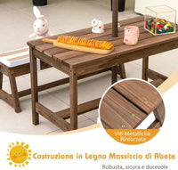 Tavolo da Picnic per Bambini con Parasole Pieghevole, Set di Tavolo e Panca in Legno con Cuscini, per Giardino, Cortile, Patio (Marrone)