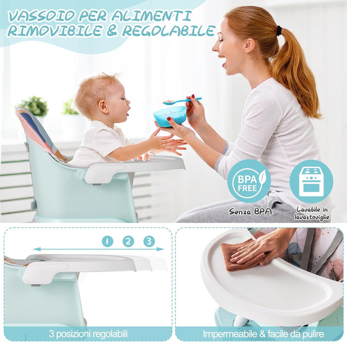 Seggiolone Pappa per Bambini 6 in 1, Seggiolone per Neonati Convertibile, Tavolo per Costruzioni per Bambini, con Imbracatura a 5 Punti, per Bambini da 6 Mesi fino 3 Anni (Colorato)