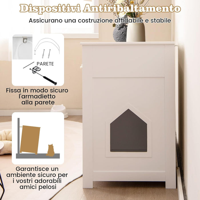 Lettiera Nascosto per Gatti, Mobile Laterale per Gatti con 2 Cassetti, 2 Porte, Ripiani Aperti e Dispositivi Anti-Ribaltamento, Armadio Salvaspazio per Animali Domestici Interno, Bianco