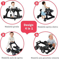 Girello per Bambini 4 in 1, Girello Pieghevole con Altezza e Velocità Regolabili, Carillon con Luci, Volante e Sedile, Primi Passi per Bambini 6-18 Mesi, Portata 15 kg (Nero)