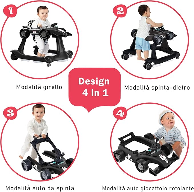 Girello per Bambini 4 in 1, Girello Pieghevole con Altezza e Velocità Regolabili, Carillon con Luci, Volante e Sedile, Primi Passi per Bambini 6-18 Mesi, Portata 15 kg (Nero)