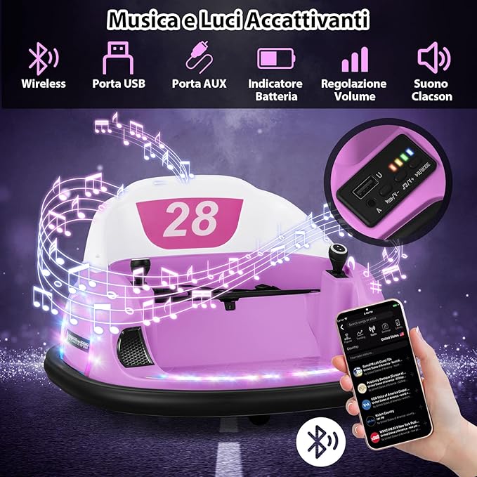12V Autoscontro Elettrico per Bambini, Macchina Elettrica Cavalcabile con Telecomando, Luci Musica e Imbottitura Anti-collisione, Auto a Scontro per Bambini 18 Mesi + (Rosa)