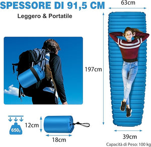 Materassino Gonfiabile da Campeggio, Materasso Gonfiabile Singolo Ultraleggero, Impermeabile Spessore 7 cm, Materassino Campeggio per Backpacking e Trekking, 197 x 63 x 7 cm