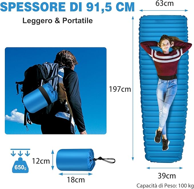 Materassino Gonfiabile da Campeggio, Materasso Gonfiabile Singolo Ultraleggero, Impermeabile Spessore 7 cm, Materassino Campeggio per Backpacking e Trekking, 197 x 63 x 7 cm