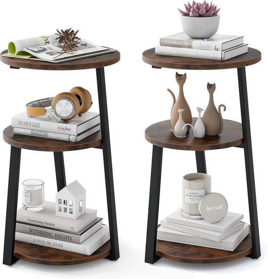 Tavolino Rotondo Industriale, Tavolino da Salotto a 3 Livelli con Struttura Metallica e Piedini Regolabili, Tavolino per Piccoli Spazi, da Soggiorno e Camera da Letto (2)