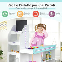 Set da Supermercato in Legno per Bambini, Gioco di Finta Spesa con Registratore di Cassa, Carrello della Spesa, Lavagna, Nastro Trasportatore, Mercato Interattivo con Contenitore e Luci LED