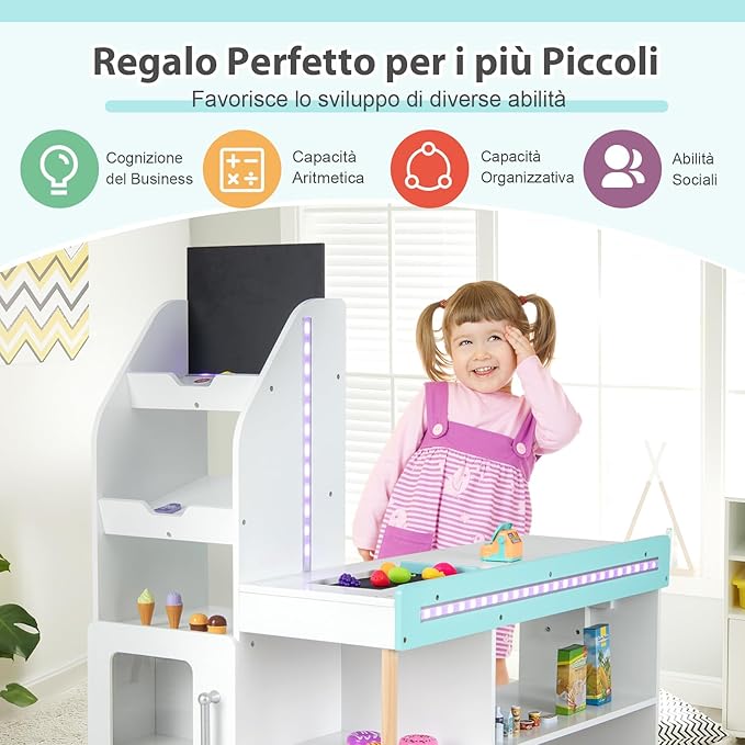 Set da Supermercato in Legno per Bambini, Gioco di Finta Spesa con Registratore di Cassa, Carrello della Spesa, Lavagna, Nastro Trasportatore, Mercato Interattivo con Contenitore e Luci LED