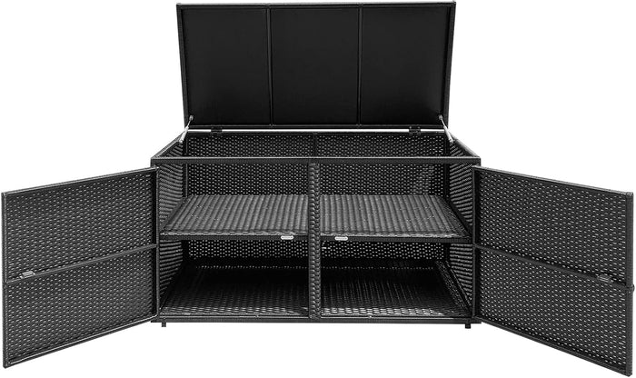 Baule Contenitore da 335 L, con Coperchio e 2 Ripiani, Contenitore da Giardino con Telaio in Acciaio, Baule Cassapanca per Attrezzi e Giocattoli, per Interno ed Esterno (Nero)