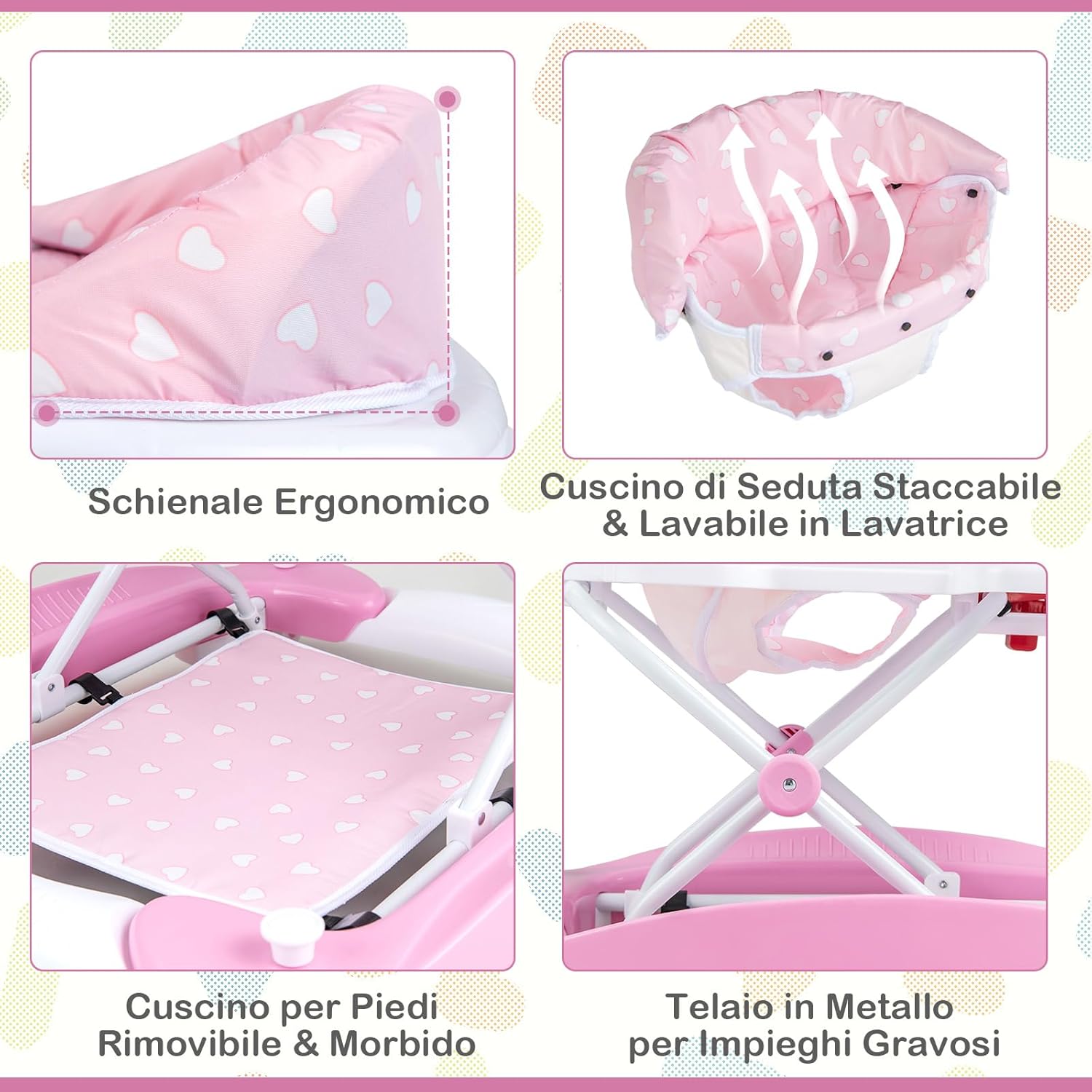 Girello per Bambini 6 in 1, Primi Passi per Neonati con Altezza Regolabile, Sedia a Dondolo per Bambini, Girello Pieghevole con Vassoio Musicale, Cuscino, per Bambini 6+ Mesi (Rosa)