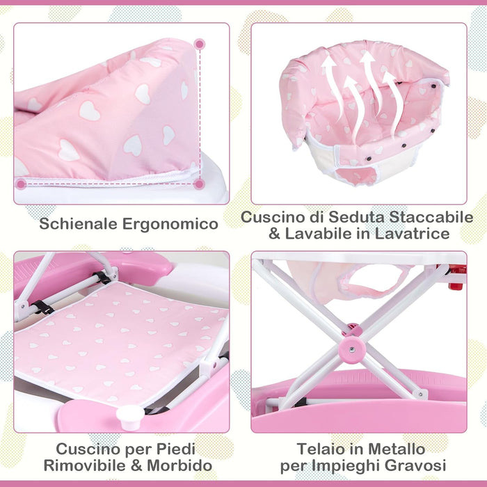 Girello per Bambini 6 in 1, Primi Passi per Neonati con Altezza Regolabile, Sedia a Dondolo per Bambini, Girello Pieghevole con Vassoio Musicale, Cuscino, per Bambini 6+ Mesi (Rosa)