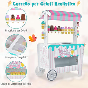 Carretto per Gelato con Accessori per Bambini, Giocattolo Educativo di Carretto per Gelato con Scaffale per l'Esposizione, Compartimento di Congelamento Simulato, con 2 Ruote, 3 Anni+