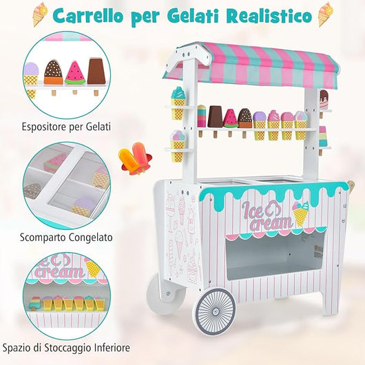 Carretto per Gelato con Accessori per Bambini, Giocattolo Educativo di Carretto per Gelato con Scaffale per l'Esposizione, Compartimento di Congelamento Simulato, con 2 Ruote, 3 Anni+
