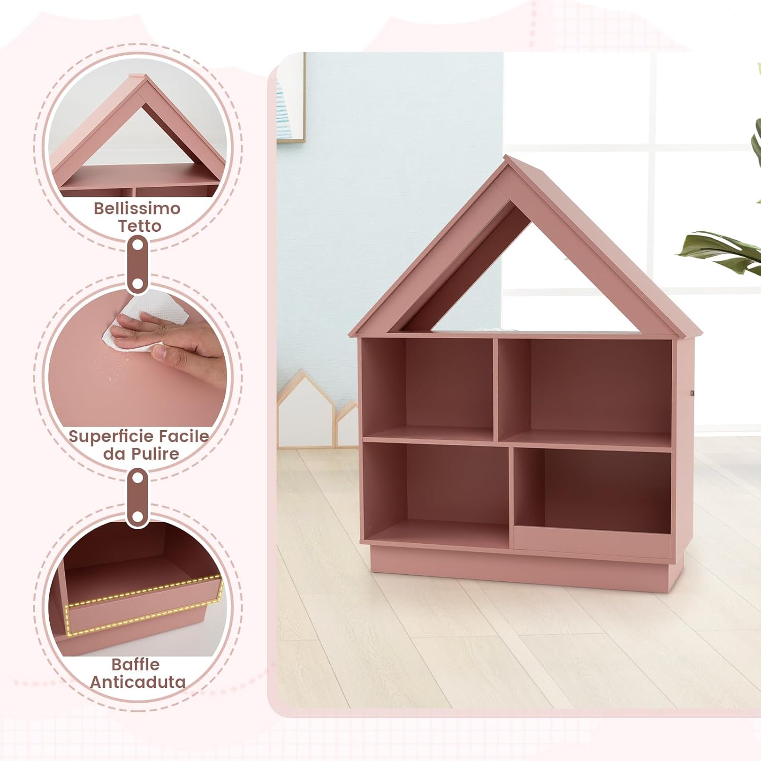 Libreria per Bambini a Forma di Casa, Scaffale in Legno con 5 Cubi per Giocattoli, Organizer di Stoccaggio Antiribaltamento, Scaffale Aperto a 3 Livelli, 88x34x108 cm (Rosa)