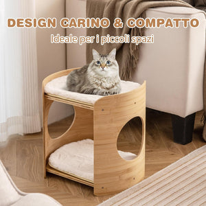 Letto Rialzato per Gatti, Cuccia per Gatti a 2 Livelli da Interno con Struttura in Bambù Naturale, Tappetini Morbidi Rimovibili e Lavabili, Lettino per Cuccioli e Gatti