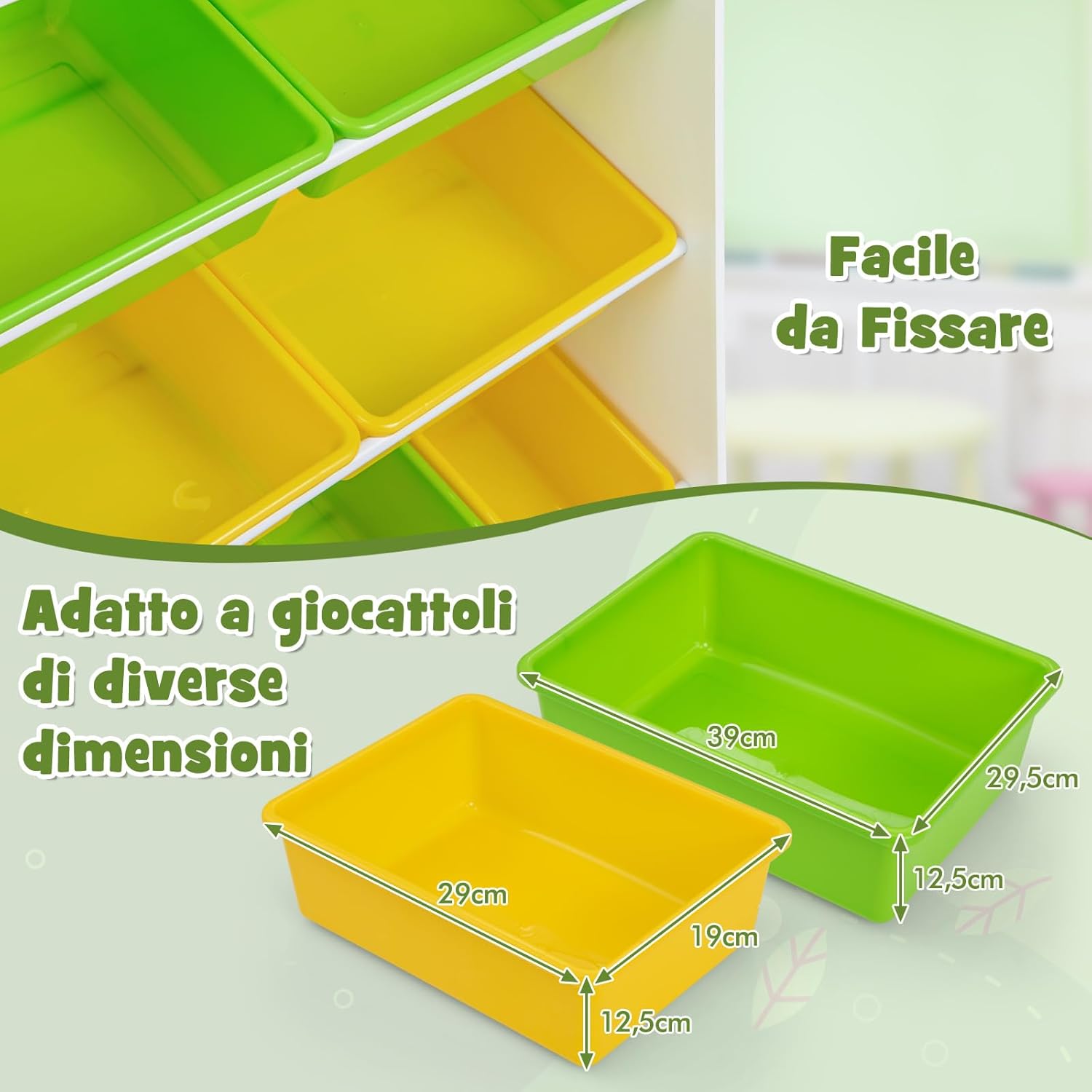 Mobile Porta Giochi per Bambini, Libreria e Scaffale per Giocattoli a 4 Livelli con 8 Contenitori 1 Anta, Libreria Multiuso per Bambini per Cameretta Soggiorno Asilo Nido