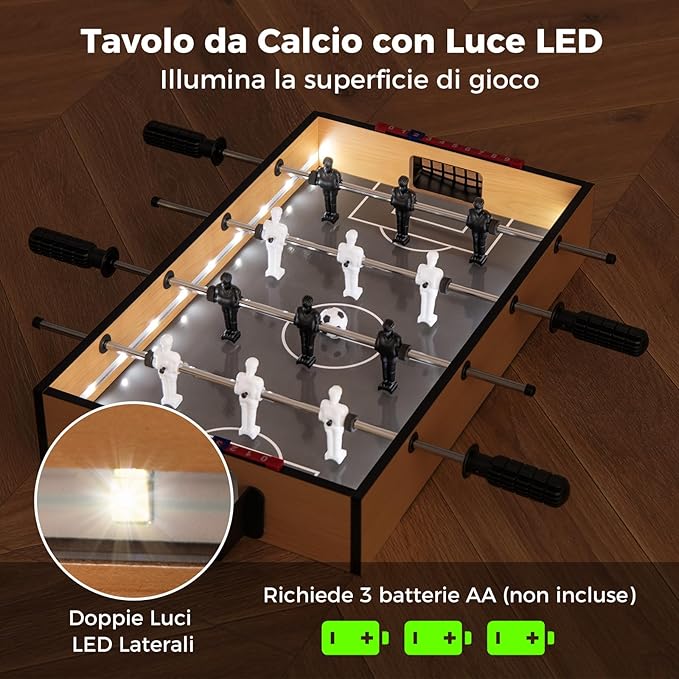 Tavolo da Calcio da Gioco, Calcetto da Tavolo con LED Maniglia Antiscivolo 2 Palloni, Gioco di Calcio da Tavolo per Feste, Bar, Sala Giochi, 51x30,5x8 cm