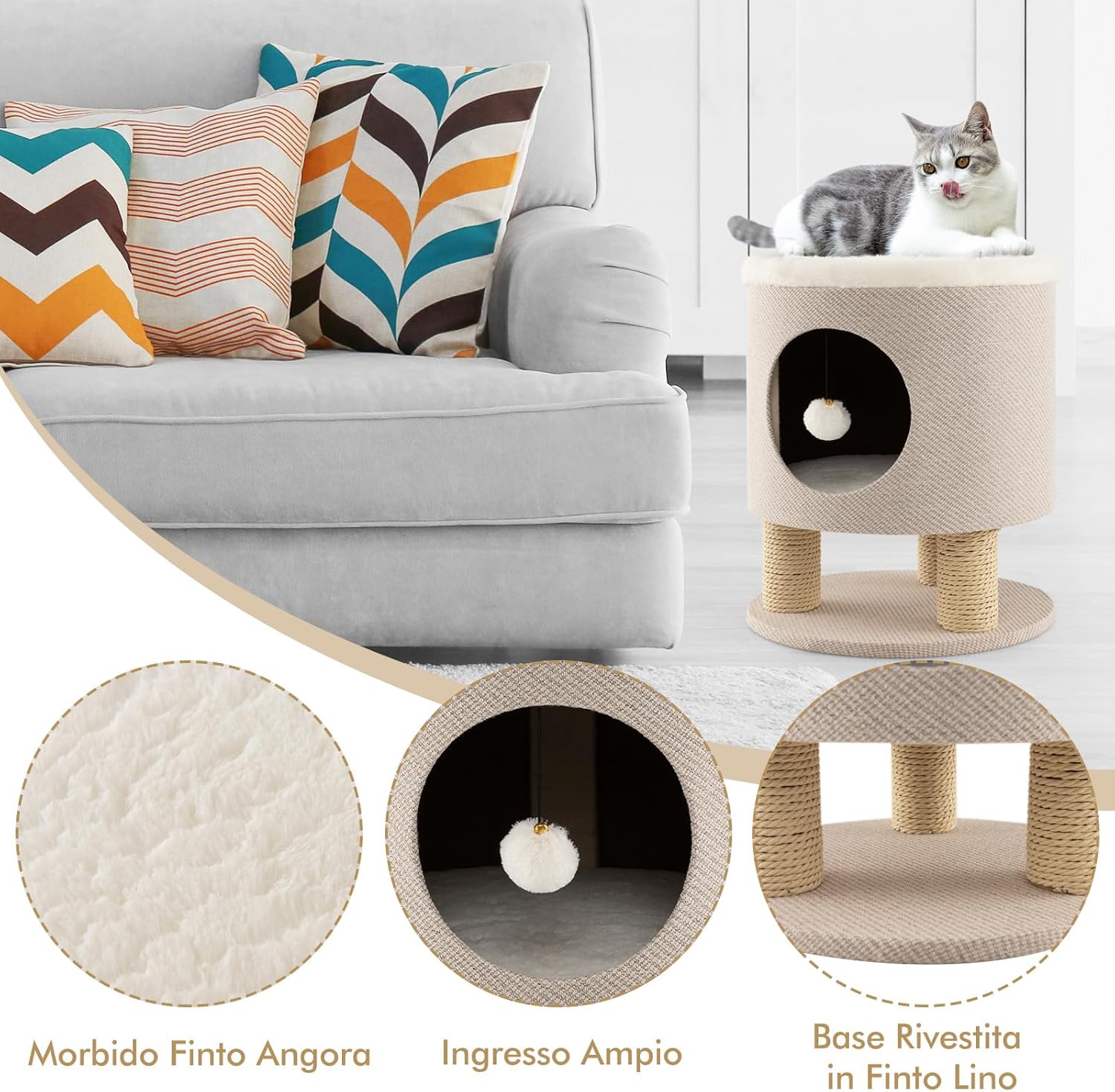 Casetta per Animali Domestici, Cuccia per Gatti con Pali Tiragraffi e Pallina di Peluche, Mobile Multiuso 3-IN-1 per Gatti Piccoli e Medi (Beige)