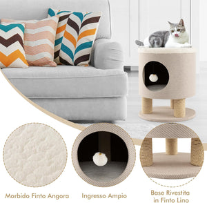Casetta per Animali Domestici, Cuccia per Gatti con Pali Tiragraffi e Pallina di Peluche, Mobile Multiuso 3-IN-1 per Gatti Piccoli e Medi (Beige)