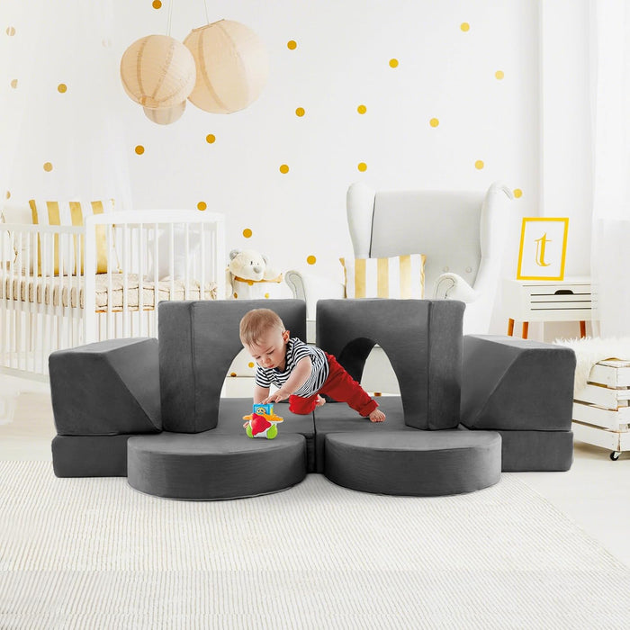 Divano Modulare per Bambini 8 Pezzi, Divanetto per Bambini con Copertura Staccabile per Sala Giochi e Camera da Letto, Divano Creativo per Bambini per Giocare, Creare e Dormire (Grigio)