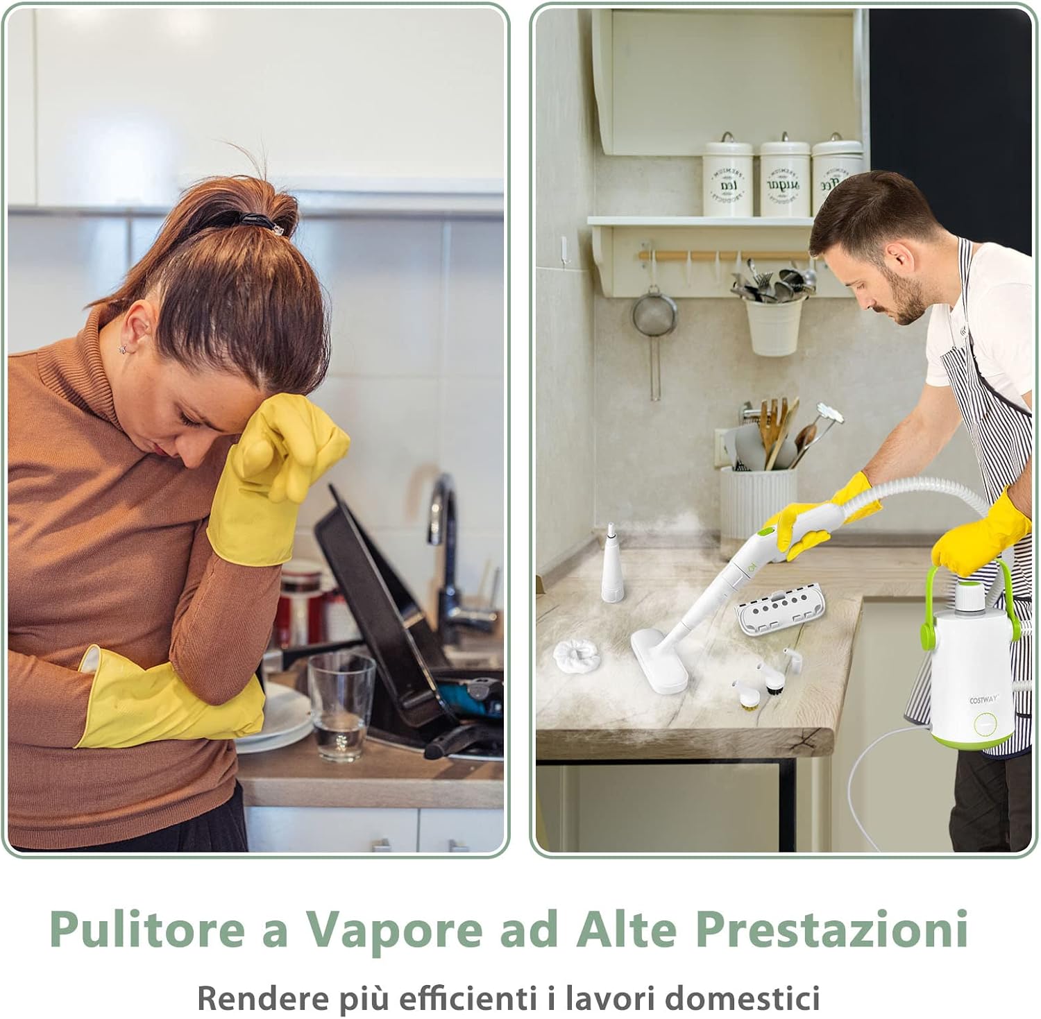 1000W Pulitore a Vapore Multiuso, Macchina a Vapore Portatile con 10 Accessori Serbatoio da 300 ml, Pulizia a Vapore con Tubo Flessibile per Cucina Bagno Finestre (Verde)