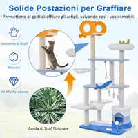 Tiragraffi per Gatti a Tema Oceanico, Torre per Gatti con Pali Tiragraffi Rivestiti di Sisal, Nicchia, Posatoio, Amaca, Piattaforme, Giocattoli Oscillanti, Palla Molla e Corda di Sisal