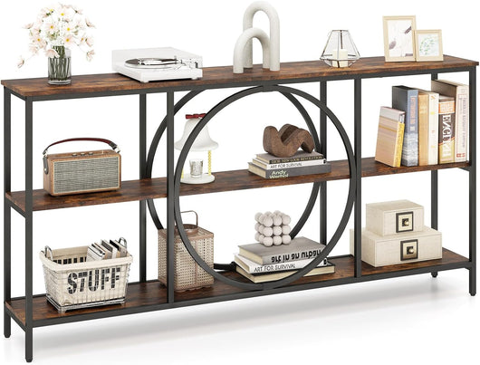 Tavolo Consolle a 3 Piani, Tavolo d’Ingresso con Piano in Legno, Struttura in Metallo e Ripiani, Tavolo per Corridoio, Soggiorno e Ingresso, 180 x 30 x 90 cm (Marrone e nero)