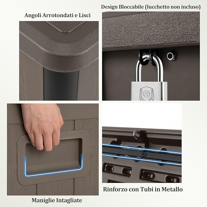 Baule da Esterno 378 L Impermeabile, Cassapanca Contenitore in Resina con Coperchio Bloccabile, Contenitore Salvaspazio per Giardino e Cortile, 130 x 64 x 59 cm (Marrone)