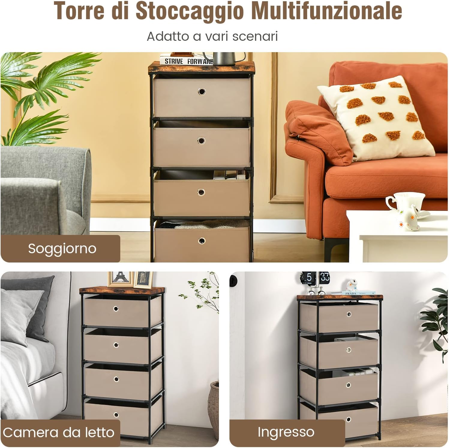 Cassettiera in Tessuto, Mobile con 4 Cassetti e Struttura Robusta in Metallo, Mobiletto Salvaspazio per Camera da Letto, Corridoio, Ingresso e Armadio, 42 x 33,5 x 84,5 cm (Marrone)