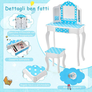 2 in 1 Toeletta Trucco per Bambini con Sgabello, Tavolo per Trucco con Specchio Triplo e Cassetto, Specchio Rimovibile, 3 Anni + (Blu + Bianco)