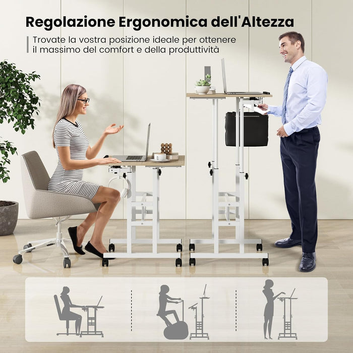 Scrivania per Computer Regolabile in Altezza, Postazione di Lavoro per Computer con Ruote e Ganci, Tavolo Porta PC per Studio e Ufficio, 60 x 60 x 72-124 cm (Naturale)