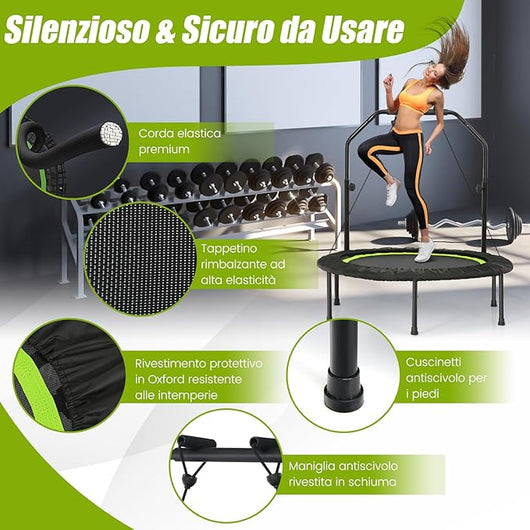 Mini Trampolino Pieghevole 101cm, Trampolino Fitness per Adulti e Bambini,con Maniglia Altezza Regolabile, Capacit¨¤ di Carico 150 kg