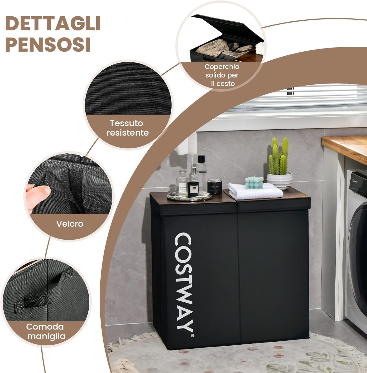 105 L Cesto Portabiancheria con Coperchio, Portabiancheria Sporca con 2 Scomparti e Maniglie, in Tessuto Non Tessuto, Ideale per Bagno Lavanderia, 62 x 31 x 60 cm (Nero)