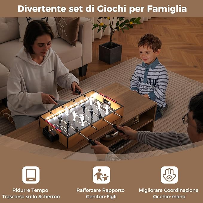 Tavolo da Calcio da Gioco, Calcetto da Tavolo con LED Maniglia Antiscivolo 2 Palloni, Gioco di Calcio da Tavolo per Feste, Bar, Sala Giochi, 51x30,5x8 cm