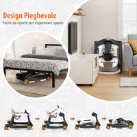 Girello per bambini 2 in 1, Girello con Altezza e Velocità Regolabili, Carillon con Luci e Cuscino Comodo, Primi Passi per Bambini 6-18 Mesi, Capacità di carico: 15 kg (Nero)