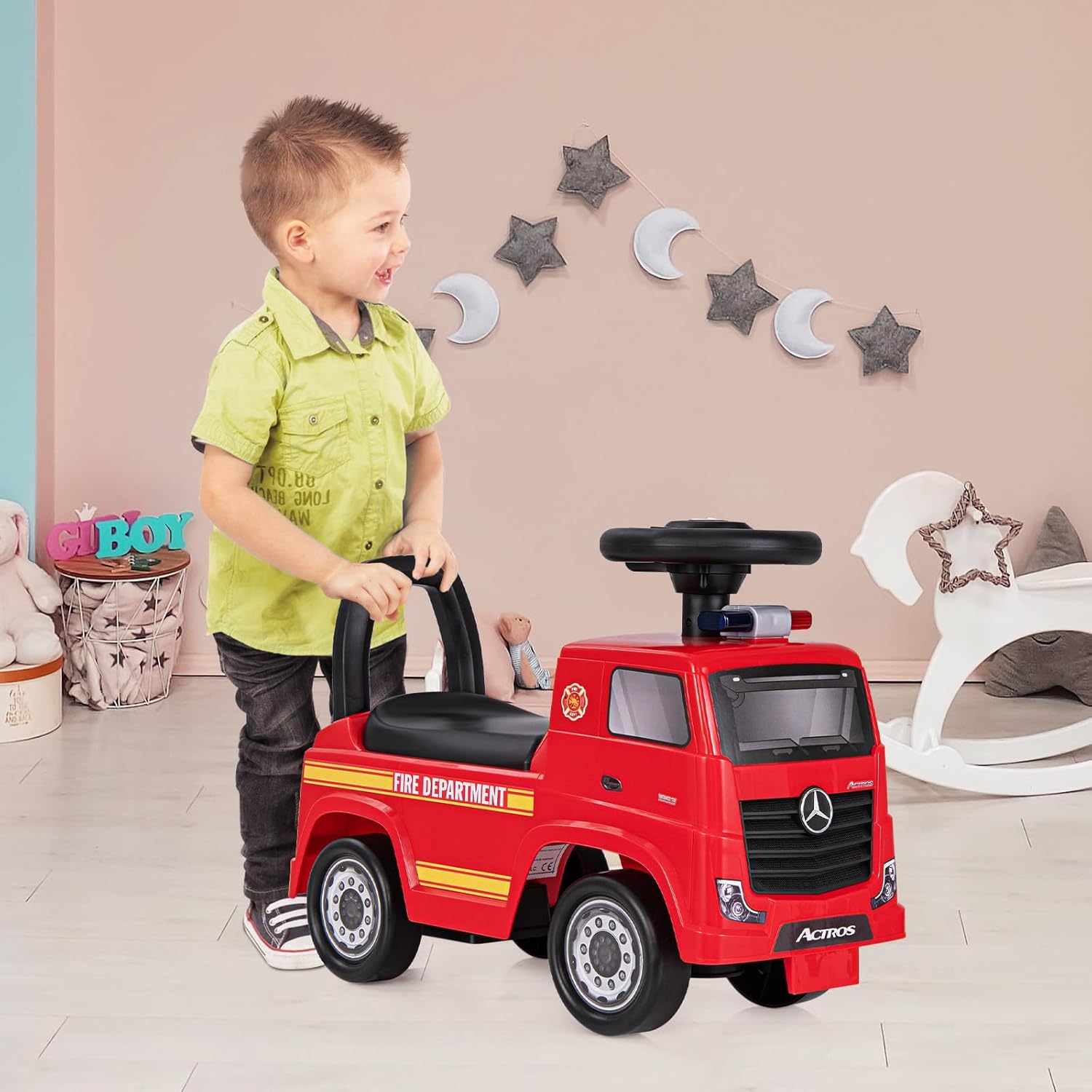 Camion dei Pompieri per Bambini, Macchinina Cavalcabile con Musica e Clacson, con Spazio di Stoccaggio Nascosto e Volante, Regalo per Bambini 2-6 Anni