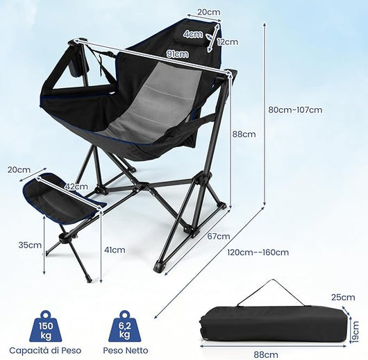 Sedia da Campeggio, Sedia Pieghevole per Esterni con Schienale e Poggiapiedi Regolabili, Poggiatesta, Porta Bicchiere e Borsa da Trasporto per Spiaggia, Giardino, Pesca, Supporta 150 kg (Nero)