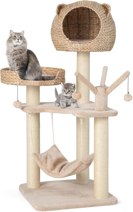 Tiragraffi per Gatti Adulti, Tiragraffi per Gatti con Cuccia, Piattaforma, Cuscini e Tiragraffi, Albero Tiragraffi per Gatti Grandi Alto in Legno, 49,5 x 49,5 x 121 cm