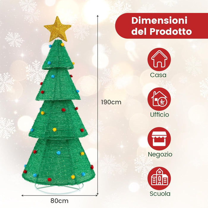 Albero di Natale Pieghevole 190 cm, Decorazione dell'Albero di Natale con 200 Luci LED, Stella in Cima, Palline di Peluche, Decorazione Natalizia per Casa, Giardino, Negozio