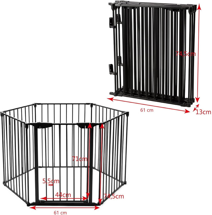 Cancelletto Pieghevole in Ferro per Camino e Scale, Cancello con 6 Pannelli per Bambini, Cani e Gatti, Barriera Protettiva da Interno ed Esterno, 2 Colori Disponibili, 380 x 74,5cm (Nero)