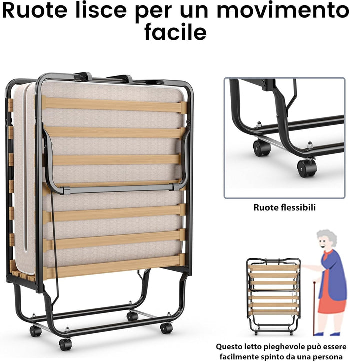 Letto Brandina Pieghevole, con Materasso in Memory Foam, Struttura Resistente e 4 Ruote Girevoli, Lettino Pieghevole, 200 x 80 x 40cm, Made in Italy (Beige)