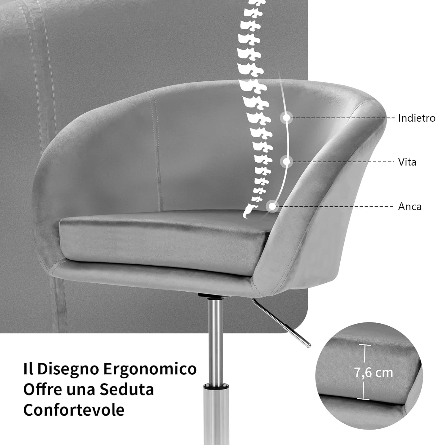 Sgabelli da Bar Girevole in Velluto, Sgabelli Cucina Moderni Design Alte con Schienale, Sedia Rotondo Regolabile in Altezza, con Braccioli, per Cucina Ufficio Bar (Grigio)