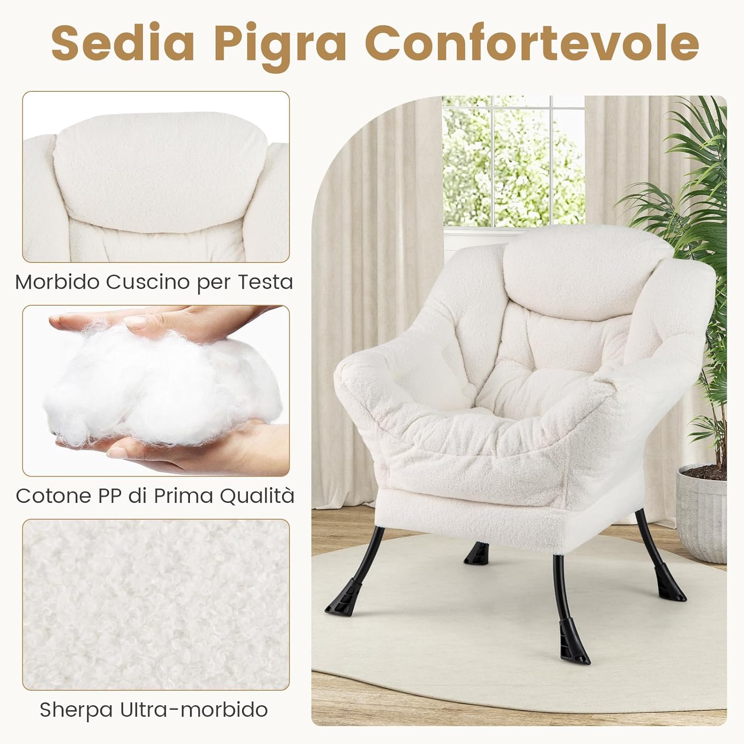 Poltrona Relax con Poggiapiedi, Poltrona da Lettura con Cuscino per Testa, Poltrona Moderna con Schienale e Seduta Imbottiti, Braccioli e Tasca di Stoccaggio, Portata 150 kg (Cashmere Beige)
