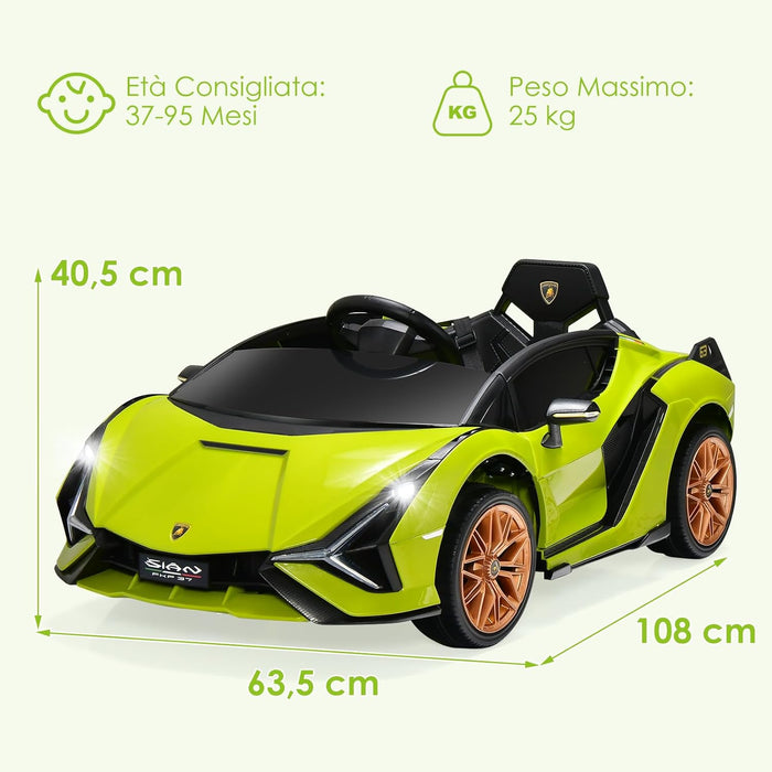 Macchina Elettrica Lamborghini per Bambini da 12V, Veicolo Elettrico con Luci LED MP3 Telecomando, Fino a 5km/h, +3 Anni (Verde)