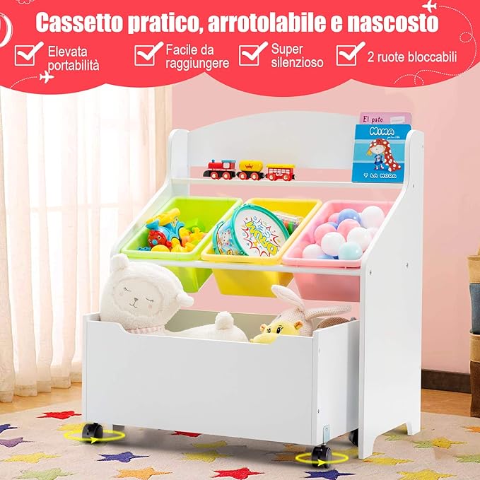 Scaffale Libreria per Bambini, Mobile Portalibri con Contenitori e Cassetti, 76 x 38 x 63,5 cm (Bianco)
