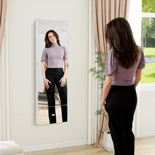 Armadietto Portagioie da Parete, Specchio Portagioie con Luci LED, Organizzer per Gioielli e Accessori, Specchietto Interno e Mensola Pieghevole, 4 Mensole e Serratura con Chiavi