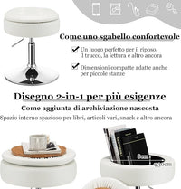 Sgabello Girevole Altezza Regolabile con Portaoggetti, Poggiapiedi Sgabelli da Trucco, Tavolino da Caffè, Sgabello da Lavoro Rotondo in Finta Pelle per Bar, Ufficio, Soggiorno, Camera (Bianco)