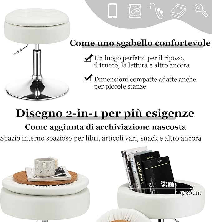 Sgabello Girevole Altezza Regolabile con Portaoggetti, Poggiapiedi Sgabelli da Trucco, Tavolino da Caffè, Sgabello da Lavoro Rotondo in Finta Pelle per Bar, Ufficio, Soggiorno, Camera (Bianco)